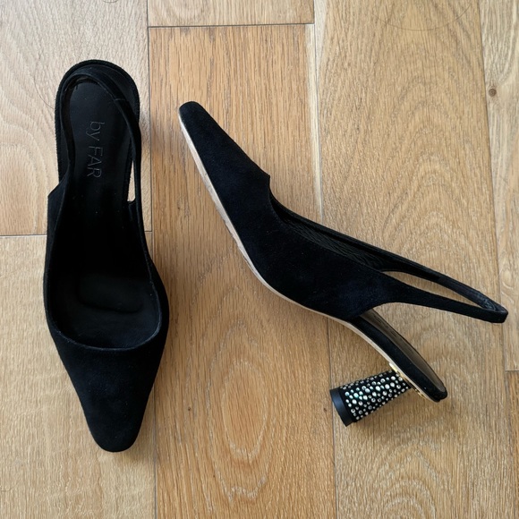 By Far Diana Crystal Embellished Suede Slingback Heels